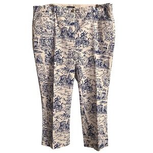 Lands End Fit 2 Women Size 18 Capri Pants Blue White Toile Print Stretch Cotton